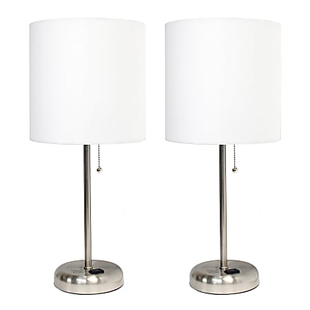 LimeLights Stick Desktop Lamps With Charging Outlets, 19-1/2", White Shade/Brushed Nickel Base, Set Of 2 Lamps