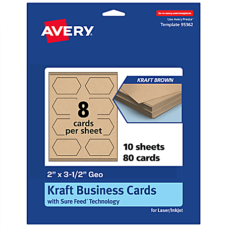 Avery® Print-To-The-Edge Business Cards With Sure Feed® Technology, 2"x3-1/2" Geo, Kraft Brown, Pack Of 80