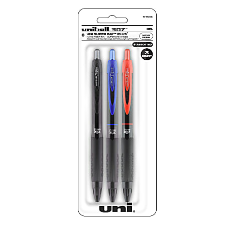uni-ball® 307™ Retractable Gel Pens, Microtip Point, 0.5 mm, Black Barrel, Assorted Ink Colors, Pack Of 3