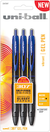 uni-ball® 307™ Retractable Gel Pens, Microtip Point, 0.5 mm, Black Barrel, Blue Ink, Pack Of 3