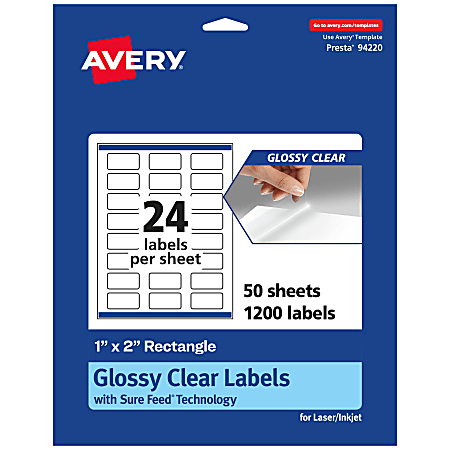 Avery® Glossy Permanent Labels With Sure Feed®, 94220-CGF50, Rectangle, 1" x 2", Clear, Pack Of 1,200