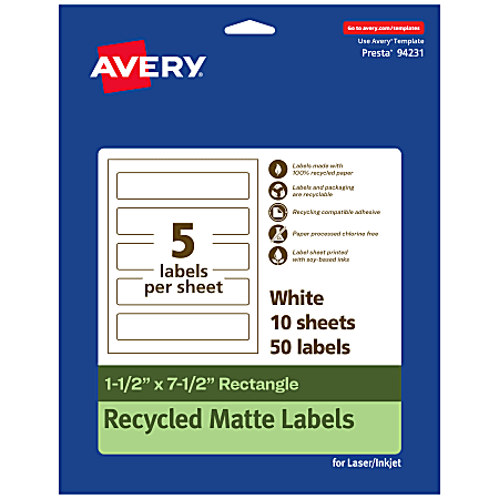 Avery® Recycled Paper Labels, 94231-EWMP10, Rectangle, 1-1/2" x 7-1/2", White, Pack Of 50
