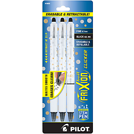 Pilot® FriXion Clicker Dots Erasable Gel Pens, Fine Point, 0.7 mm, White Barrels, Black Ink, Pack Of 3 Pens