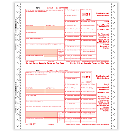 ComplyRight™ 1099-DIV Tax Forms, 4-Part, Copy A, B, C, 1-Wide, Continuous, 9" x 11", Pack Of 100 Forms