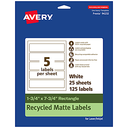 Avery® Recycled Paper Labels, 94232-EWMP25, Rectangle, 1-3/4" x 7-3/4", White, Pack Of 125