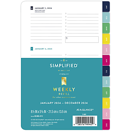 Simplified by Emily Ley for AT-A-GLANCE® Weekly Loose-Leaf Planner Refill Pages, 5-1/2" x 8-1/2", January to December 2024, EL100-4111