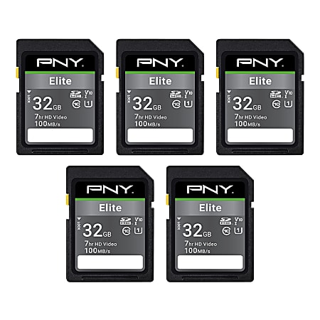PNY® Elite Class 10 U1 V10 SDHC Flash Memory Cards, 32GB, Pack Of 5 Memory Cards