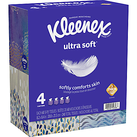 Kleenex® Ultra Soft 3-Ply Unscented Tissues, 8-1/4" x 8-7/16", 65 Per Box, Pack Of 4 Boxes