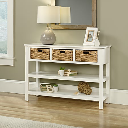 Sauder Cottage Road Console Table With Wicker Baskets 3 Fixed Shelves White Office Depot