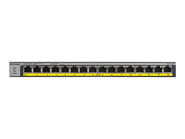 NETGEAR GS116PP - Switch - unmanaged - 16 x 10/100/1000 (PoE+) - desktop, rack-mountable, wall-mountable - PoE+ (183 W)