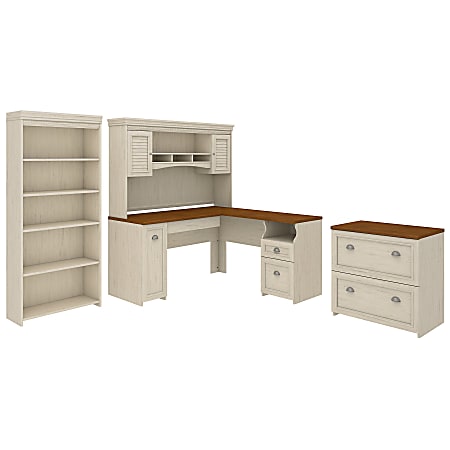 Bush Furniture Fairview 60"W L-Shaped Desk With Hutch, Lateral File Cabinet And 5-Shelf Bookcase, Antique White, Standard Delivery