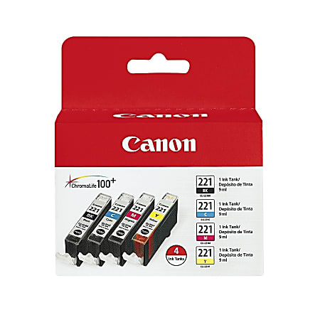 Canon® CLI-221 ChromaLife 100+ Black And Cyan, Magenta, Yellow Ink Cartridges, Pack Of 4, 2946B004