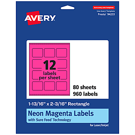 Avery® Print-To-The-Edge Labels With Sure Feed® Technology And Easy Peel®, 94233-NMP80, Rectangle, 1-13/16" x 2-3/16", Matte Neon Magenta, Pack of 960