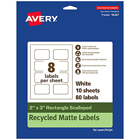 Avery® Recycled Paper Labels, 94267-EWMP10, Rectangle Scalloped, 2" x 3", White, Pack Of 80