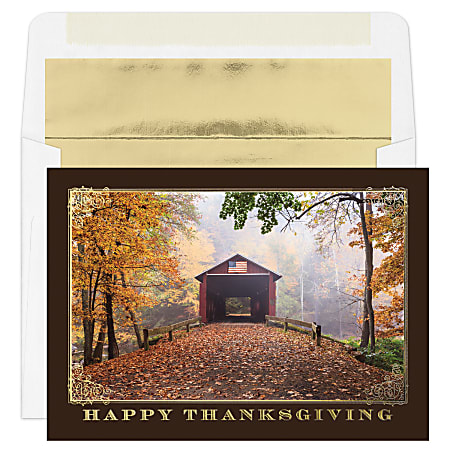 Custom Embellished Holiday Cards And Foil Envelopes, 7-7/8" x 5-5/8", Thanksgiving Covered Bridge, Box Of 25 Cards