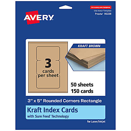 Avery® Printable Index Cards With Sure Feed® Technology, 3" x 5" Rectangle Rounded Corners, Kraft Brown, Pack Of 150
