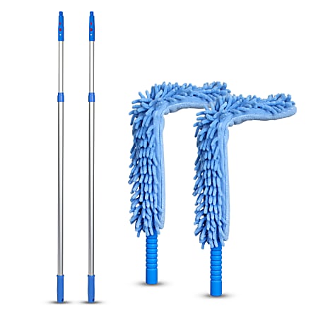 Gritt Commercial 22" Flexible Wand Dusters With Microfiber And Chenille Sleeve And 6' Telescopic Pole, Blue, Set Of 2 Dusters