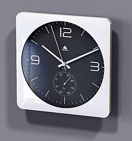 Alba Duo Silent Square Clock With Temperature Indicator, 12"H x 12"W x 9 3/4"D, White