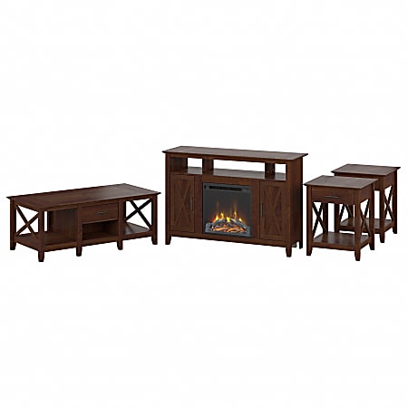 Bush® Furniture Key West Tall Electric Fireplace TV Stand With Coffee Table And End Tables, Bing Cherry, Standard Delivery