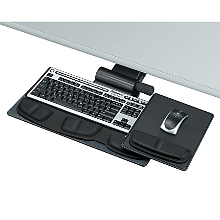 Fellowes® Professional Series Premier Curved Keyboard Tray, 10" Diameter Mouse Tray, Graphite/Silver