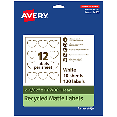 Avery® Recycled Paper Labels, 94603-EWMP10, Heart, 2-9/32" x 1-27/32", White, Pack Of 120