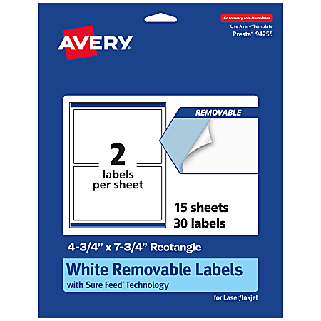 Avery® Removable Labels With Sure Feed®, 94255-RMP15, Rectangle, 4-3/4" x 7-3/4", White, Pack Of 30 Labels