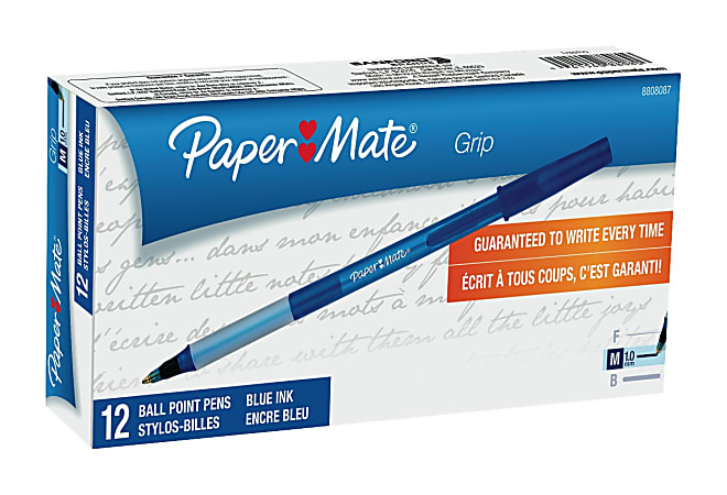 Paper Mate® Write Bros.® Grip Ballpoint Stick Pens, Medium Point, 1.0 mm, Blue Barrel, Blue Ink, Pack Of 12