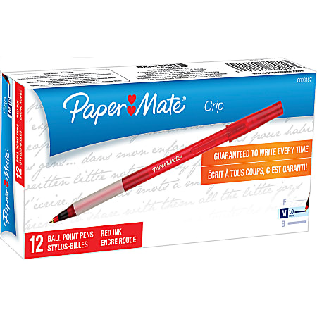 Paper Mate® Write Bros.® Grip Ballpoint Stick Pens, Medium Point, 1.0 mm, Red Barrel, Red Ink, Pack Of 12