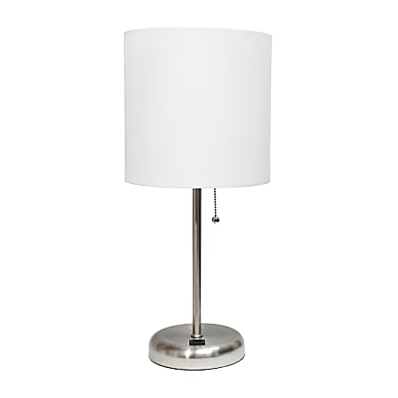 LimeLights Brushed Steel Stick Lamp with USB charging port and White Fabric Shade