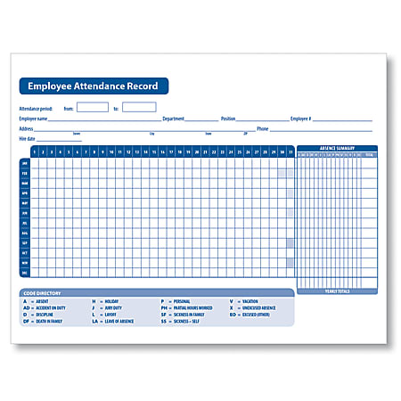 ComplyRight Employee Attendance Record Sheets, 8 1/2" x 11", White, Pack Of 50