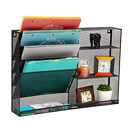 Mind Reader 4-Tier Wall Mount Vertical File Storage With Shelves, 16"H x 4"W x 22-1/2"D, Black