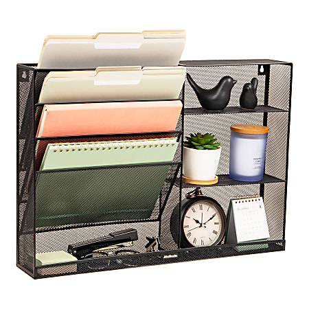 Mind Reader 4-Tier Wall Mount Vertical File Storage With Shelves, 16"H x 4"W x 22-1/2"D, Black