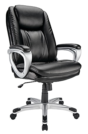 Realspace® Treswell Bonded Leather High-Back Executive Chair, Black/Silver, BIFMA Compliant