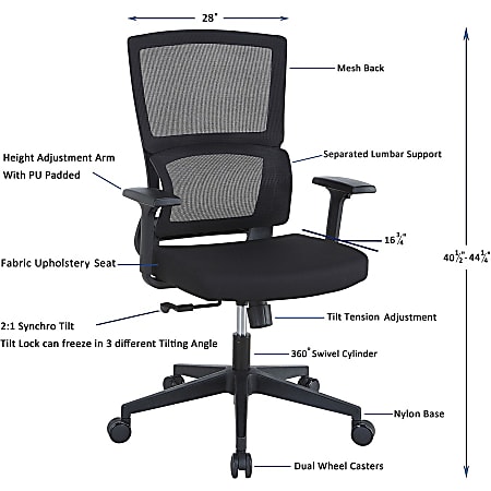 Lorell Mid-back Mesh Office Chair - Black Fabric Seat - Black Nylon Back - 5-star Base - Black - 1 Each