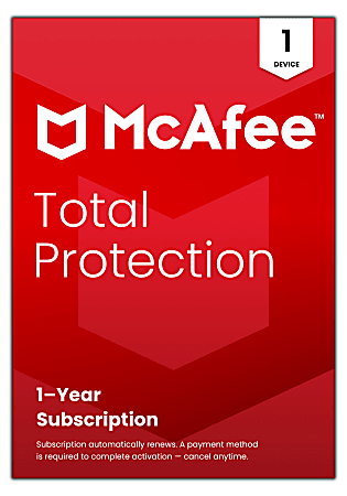 McAfee® Total Protection Antivirus & Internet Security Software, 1 Device, 1-Year Subscription, Auto-Renewal, Product Key, MTP41EOD1RAAM