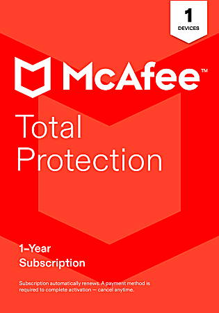 McAfee&reg; Total Protection Antivirus &amp; Internet Security Software, 1 Device, 1-Year Subscription, Auto-Renewal, Product Key, MTP41EOD1RAAM