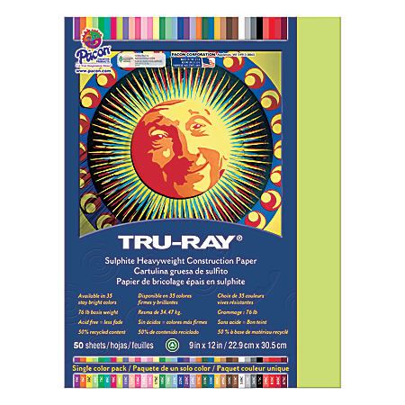 Tru-Ray® 50% Recycled Construction Paper, Brilliant Lime, 9" x 12", 50 Sheets Per Pack, Case Of 50 Packs