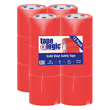 BOX Packaging Solid Vinyl Safety Tape, 3" Core, 4" x 36 Yd., Red, Case Of 12