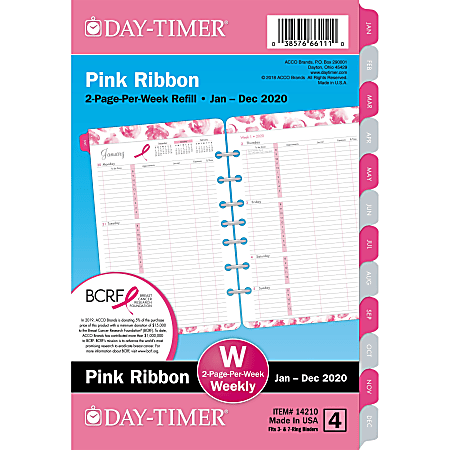 Day-Timer Pink Ribbon 2PPW Planner Refill - Weekly - 1 Year - January 2019 till December 2019 - 8:00 AM to 5:00 PM - 1 Week Double Page Layout - 5 1/2" x 8 1/2" - White - Tabbed, Page Finder