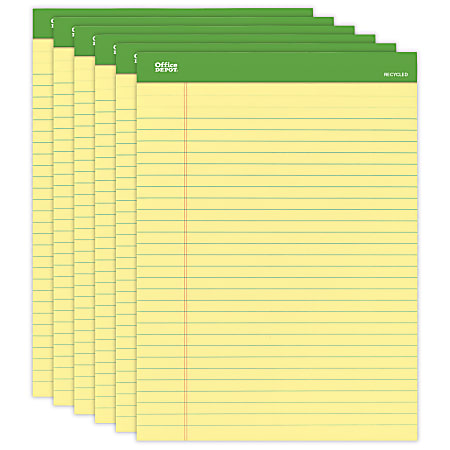 Office Depot® Brand Writing Pad, 8 1/2" x 11 3/4", 100% Recycled, Canary, 50 Sheets Per Pad, 6 Pads Per Pack