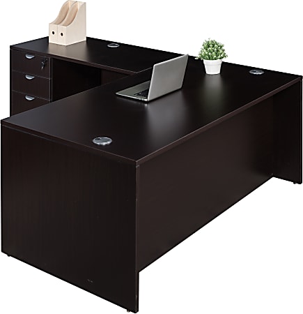 Boss Office Products Holland Series 71"W Executive L-Shaped Corner Desk With File Storage Pedestal, Mocha