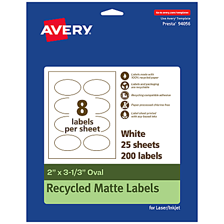 Avery® Recycled Paper Labels, 94056-EWMP25, Oval, 2" x 3-1/3", White, Pack Of 200