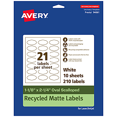 Avery® Recycled Paper Labels, 94061-EWMP10, Oval Scalloped, 1-1/8" x 2-1/4", White, Pack Of 210