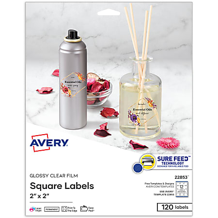 Avery® Print-To-The-Edge Labels, 22853, Square, 2" x 2", Glossy Clear, Pack Of 120