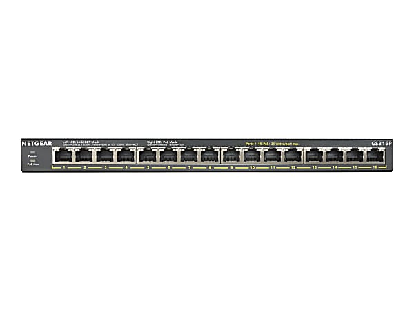 Netgear GS316P Ethernet Switch - 16 Ports - 2 Layer Supported - Twisted Pair - Desktop, Wall Mountable, Rac - GS316P100NAS