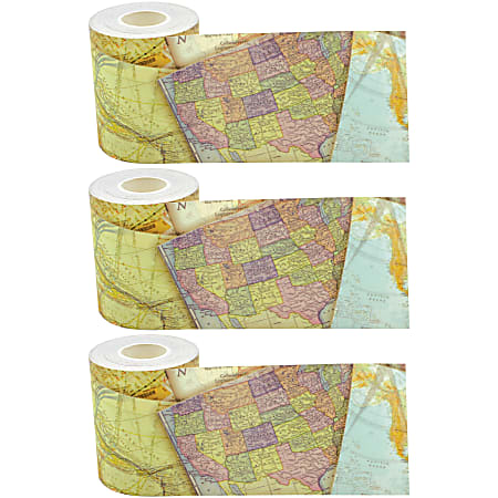Teacher Created Resources® Straight Rolled Border Trim, Travel The Map, 50’ Per Roll, Pack Of 3 Rolls