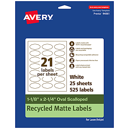 Avery® Recycled Paper Labels, 94061-EWMP25, Oval Scalloped, 1-1/8" x 2-1/4", White, Pack Of 525