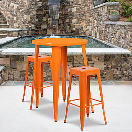Flash Furniture Commercial-Grade Round Metal Indoor-Outdoor Bar Table Set With 2 Square-Seat Backless Stools, 41"H x 30"W x 30"D, Orange