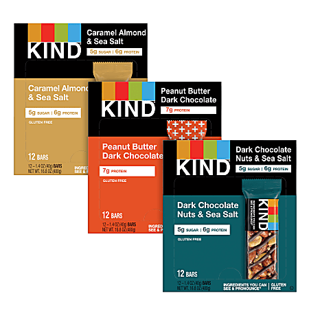 KIND Bars Variety Pack, Dark Chocolate Nuts & Sea Salt/Peanut Butter Dark Chocolate/Caramel Almond Sea Salt, 1.4 Oz, Pack Of 36 Bars