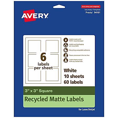 Avery® Recycled Paper Labels, 94101-EWMP10, Square, 3" x 3", White, Pack Of 60
